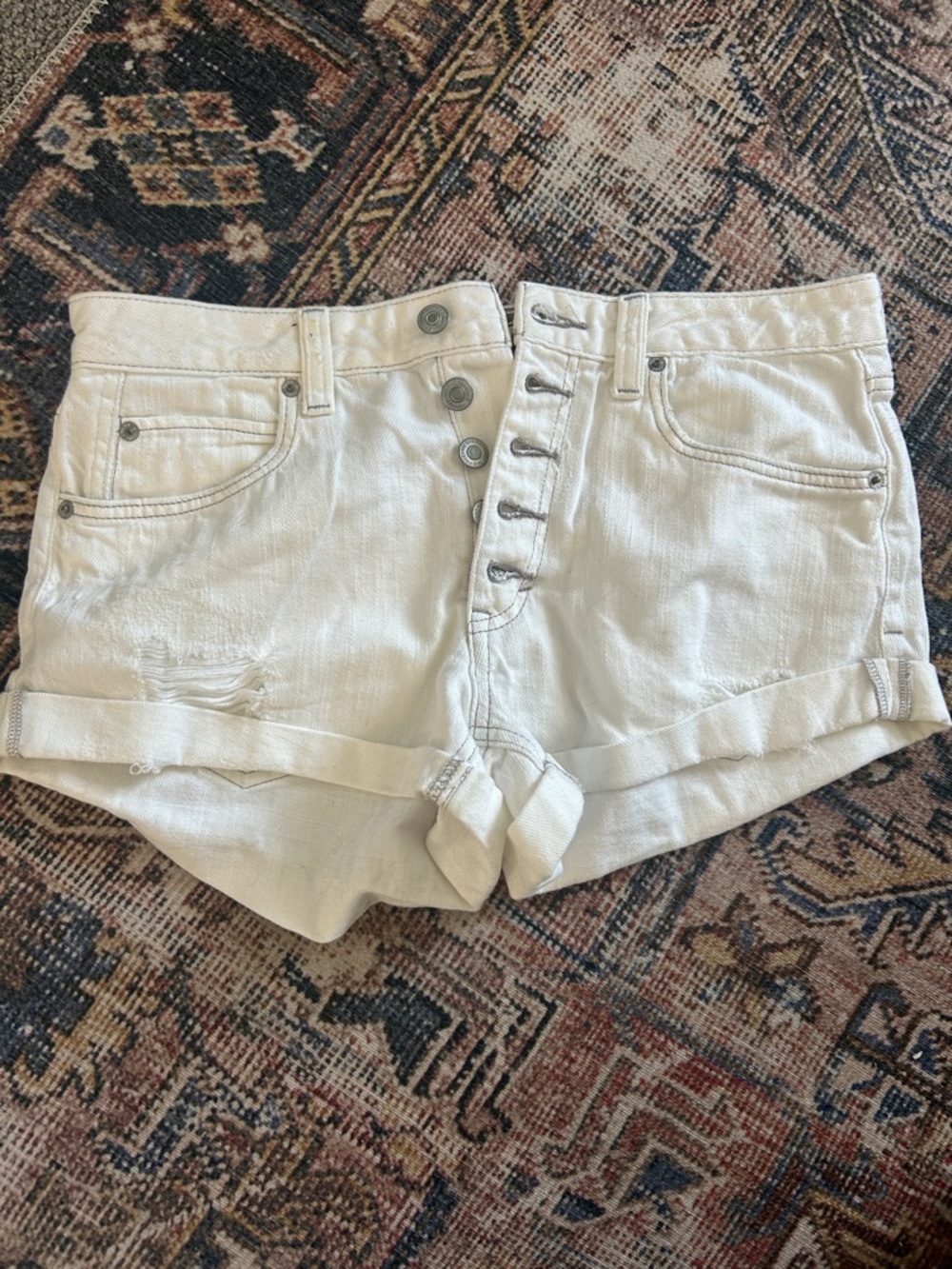 We The Free Off-White High-Rise Button-Fly Cuffed Denim Shorts